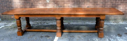JACOBEAN STYLE VERY LARGE REFECTORY DINING OR BOARD ROOM TABLE, of narrow oblong form with five