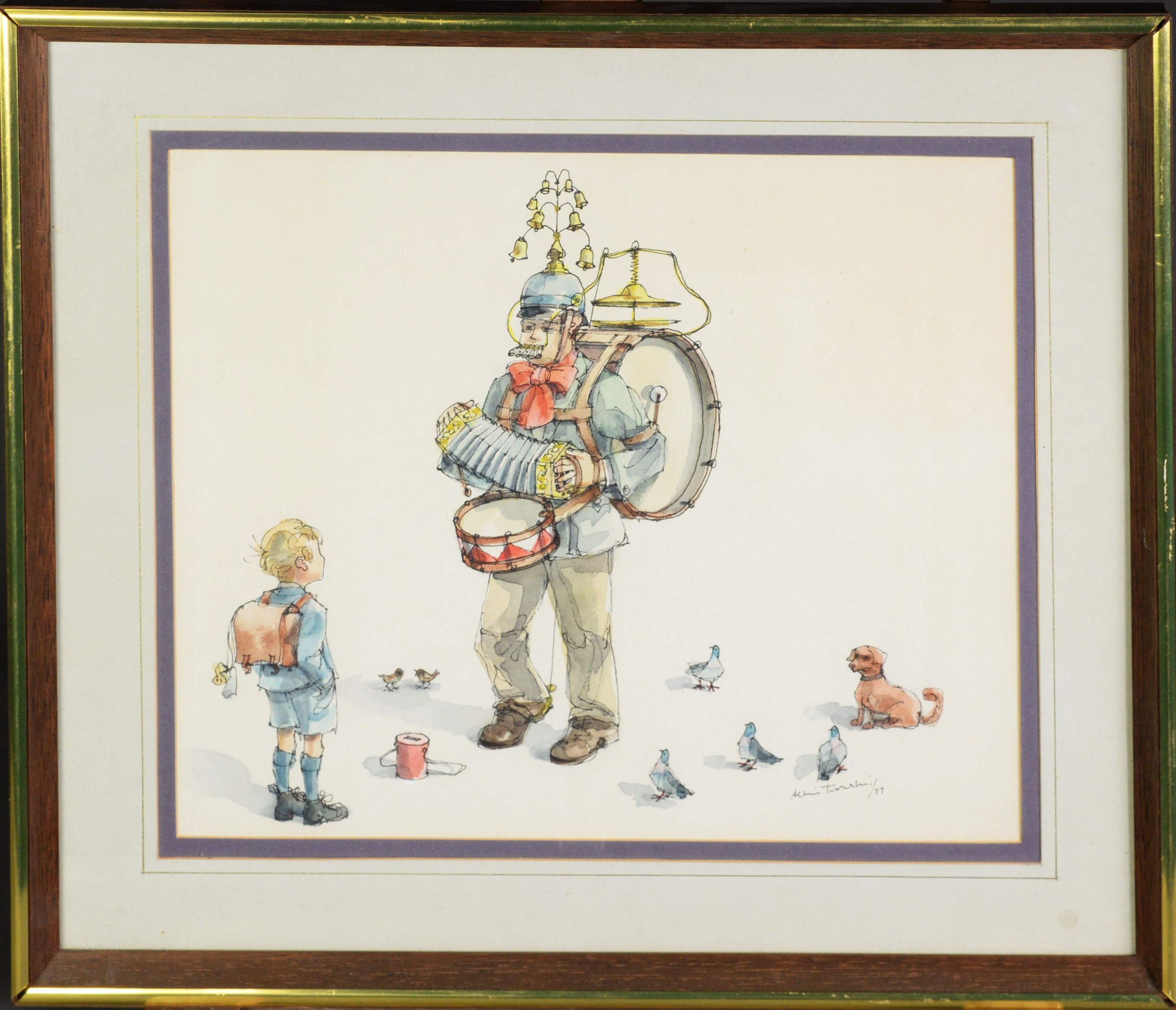 ALBIN TROWSKI (1919-2012) PEN AND WASH Busker with multiple instruments watched by a small boy - Image 2 of 2