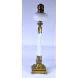 LATE VICTORIAN/EDWARDIAN TALL OIL LAMP, the stepped brass base supporting a column in OPAQUE WHITE