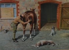 PETER JEPSON (BR. b.1936) oil pastel on paper 'Hounds, horse, and groom', signed in pencil and dated