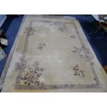 HEAVY QUALITY WASHED CHINESE CARPET, plain cream field with plain grey inset border, one end