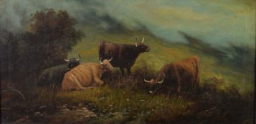 J BARNET (late 19th / early 20th century) OIL PAINTING ON CANVAS Highland cattle in mist shrouded