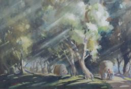 G.D. PAULRAJ (1914 - 1989) WATERCOLOUR DRAWING Road through banyan trees with column of bullock