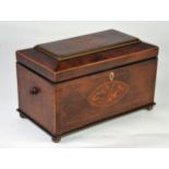 GEORGE III INLAID AND FIGURED MAHOGANY SARCOPHAGUS SHAPED TEA CADDY, with chamfered cover and