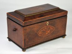 GEORGE III INLAID AND FIGURED MAHOGANY SARCOPHAGUS SHAPED TEA CADDY, with chamfered cover and