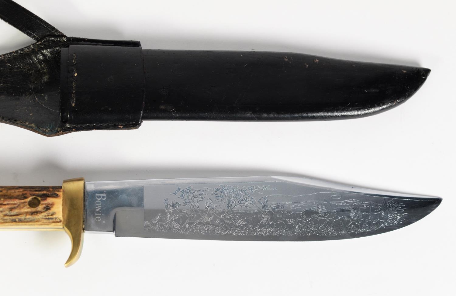 SOLINGEN, GERMANY POST-WAR BOWIE TYPE KNIFE, the typical shape blade etched with a Native American - Image 2 of 3