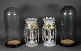 PAIR OF VICTORIAN FROSTED GLASS TABLE LUSTRES UNDER GLASS DOMES, the LUSTRES, each of typical form