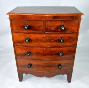 GEORGE III MAHOGANY BOW FRONTED CHEST, with ebonised handles and splay bracket feet, 5 1/2in (105.