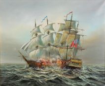 E SINGER (TWENTIETH CENTURY) OIL ON CANVAS Naval battle between two man-o-wars Signed 20” x 24” (