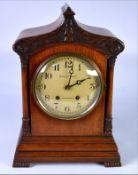 LATE VICTORIAN/EDWARDIAN OAK CASED MANTEL CLOCK, the German coiled gong striking movement by