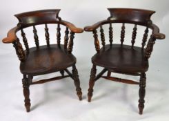 A PAIR OF VICTORIAN ELM SEAT WINDSOR "SMOKERS" BOW ARMCHAIRS