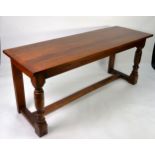 JACOBEAN STYLE OAK OBLONG SIDE TABLE, on four cup and cover supports with H stretchers, 6ft x 3ft (