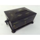 VICTORIAN MOTHER OF PEARL INLAID EBONY LADY’S WORK BOX, of sarcophagus form with ring side handles