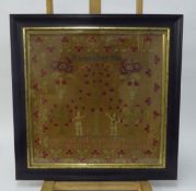 NEEDLEWORK SAMPLER: Late 19th/early 18th century needlework sampler with central scene of Adam &