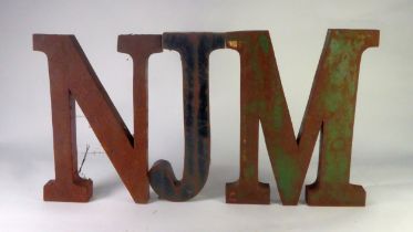 METAL LETTERING: Letters MNJ in box section metal, 20" (51 cm) H [3]