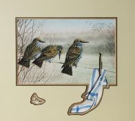 CHRIS SHIELDS (TWENTIETH/ TWENTY FIRST CENTURY) GOUACHE Three starlings on a washing line, a