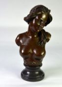 POST-WAR BRONZE REPLICA NAKED BUST OF A LADY, bearing signature T GEROME, on a MARBLE SOCLE,