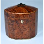 GEORGE III YEWTREE WOOD and BOXWOOD STRUNG DECAGONAL TEA CADDY with BRASS carrying handle, lidded