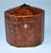 GEORGE III YEWTREE WOOD and BOXWOOD STRUNG DECAGONAL TEA CADDY with BRASS carrying handle, lidded