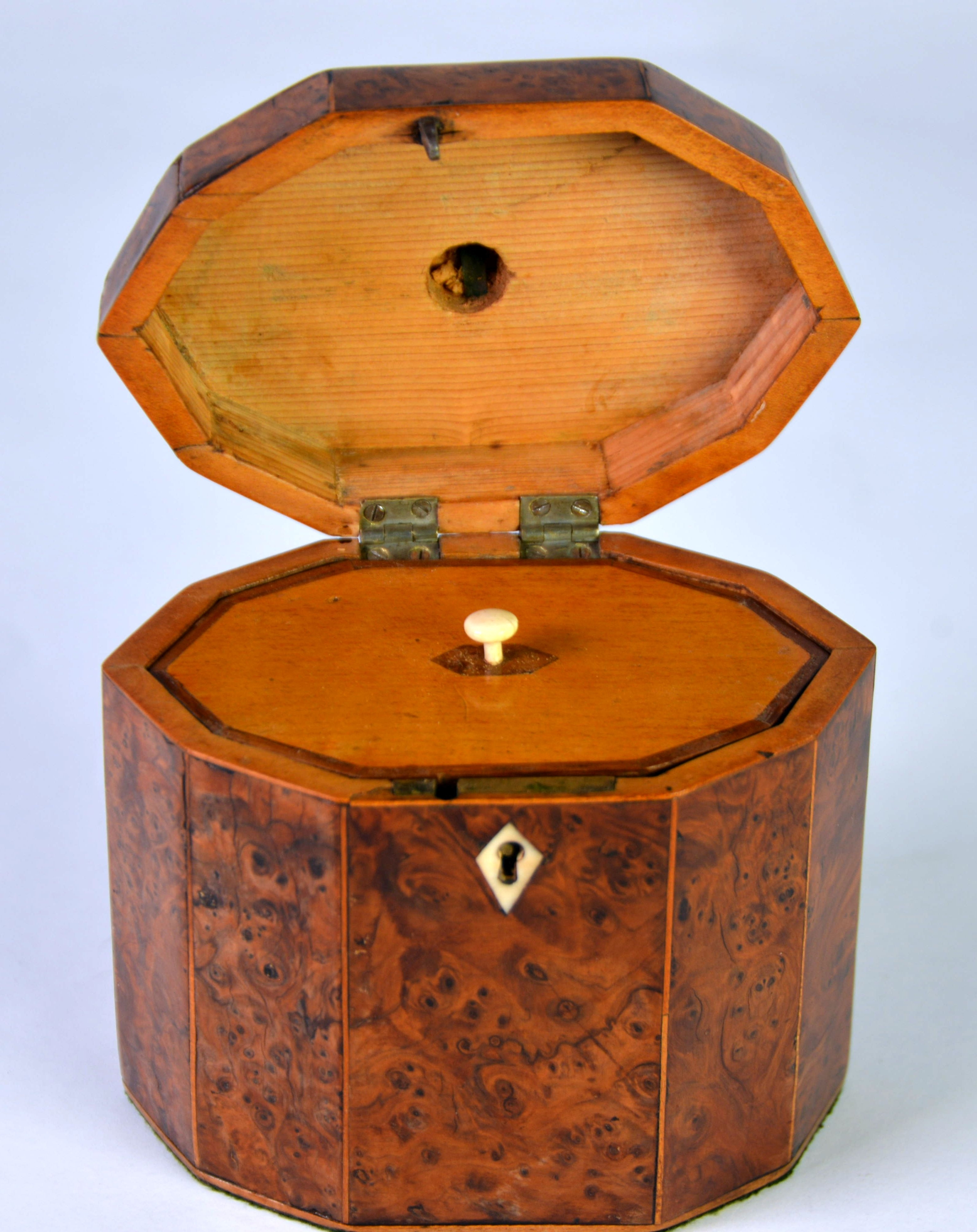 GEORGE III YEWTREE WOOD and BOXWOOD STRUNG DECAGONAL TEA CADDY with BRASS carrying handle, lidded - Image 3 of 3