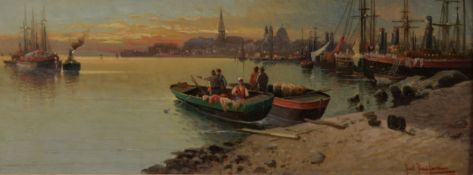 KARL KAUFMANN (1843-1902/5) OIL PAINTING ON PANEL A European Coastal townscape with moored and other