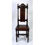 LATE STUART PERIOD OAK HIGH-BACK CHAIR, the back with a NARROW ARCHED-TOP FIELDED PANEL between