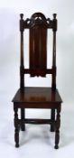 LATE STUART PERIOD OAK HIGH-BACK CHAIR, the back with a NARROW ARCHED-TOP FIELDED PANEL between