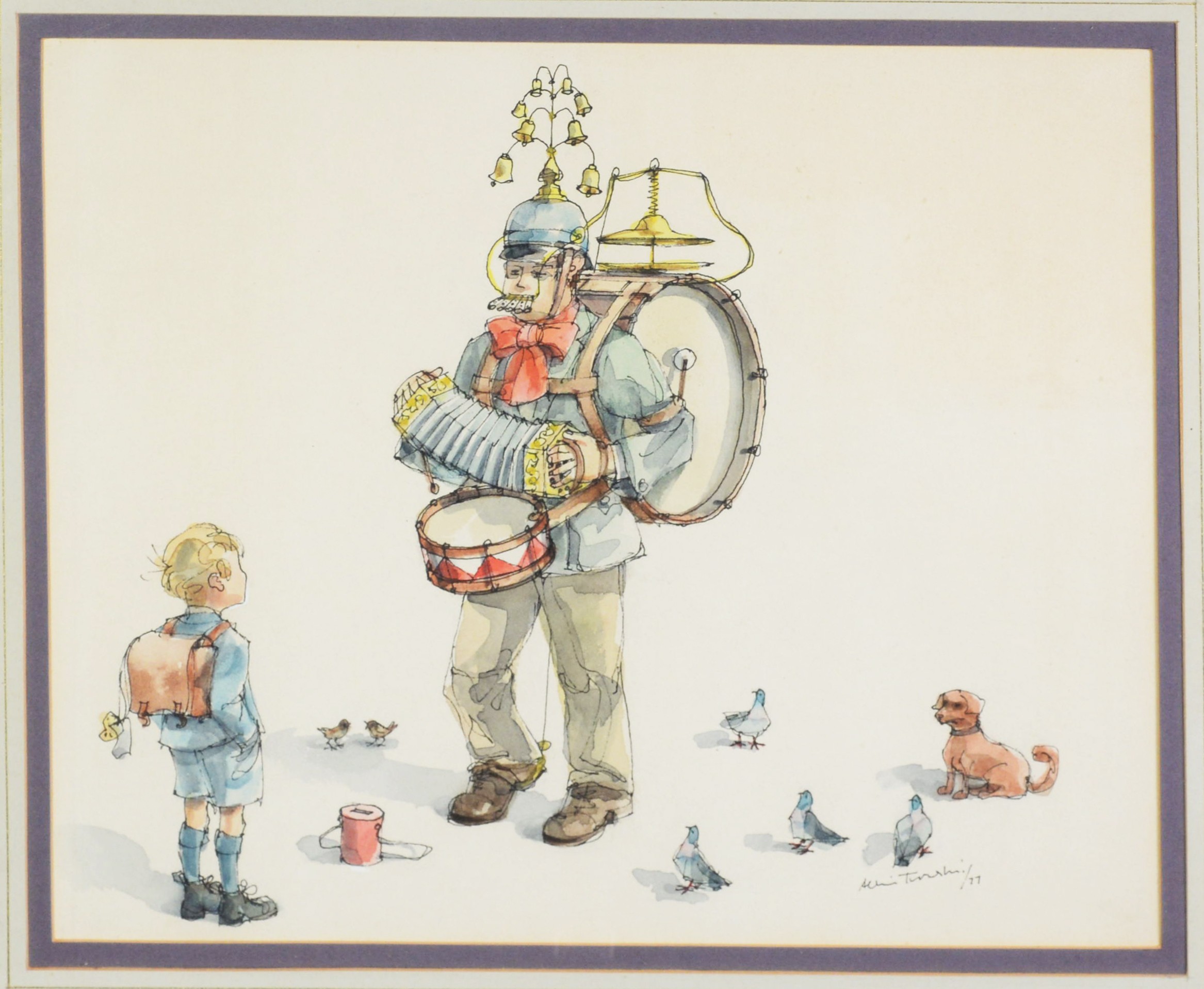 ALBIN TROWSKI (1919-2012) PEN AND WASH Busker with multiple instruments watched by a small boy