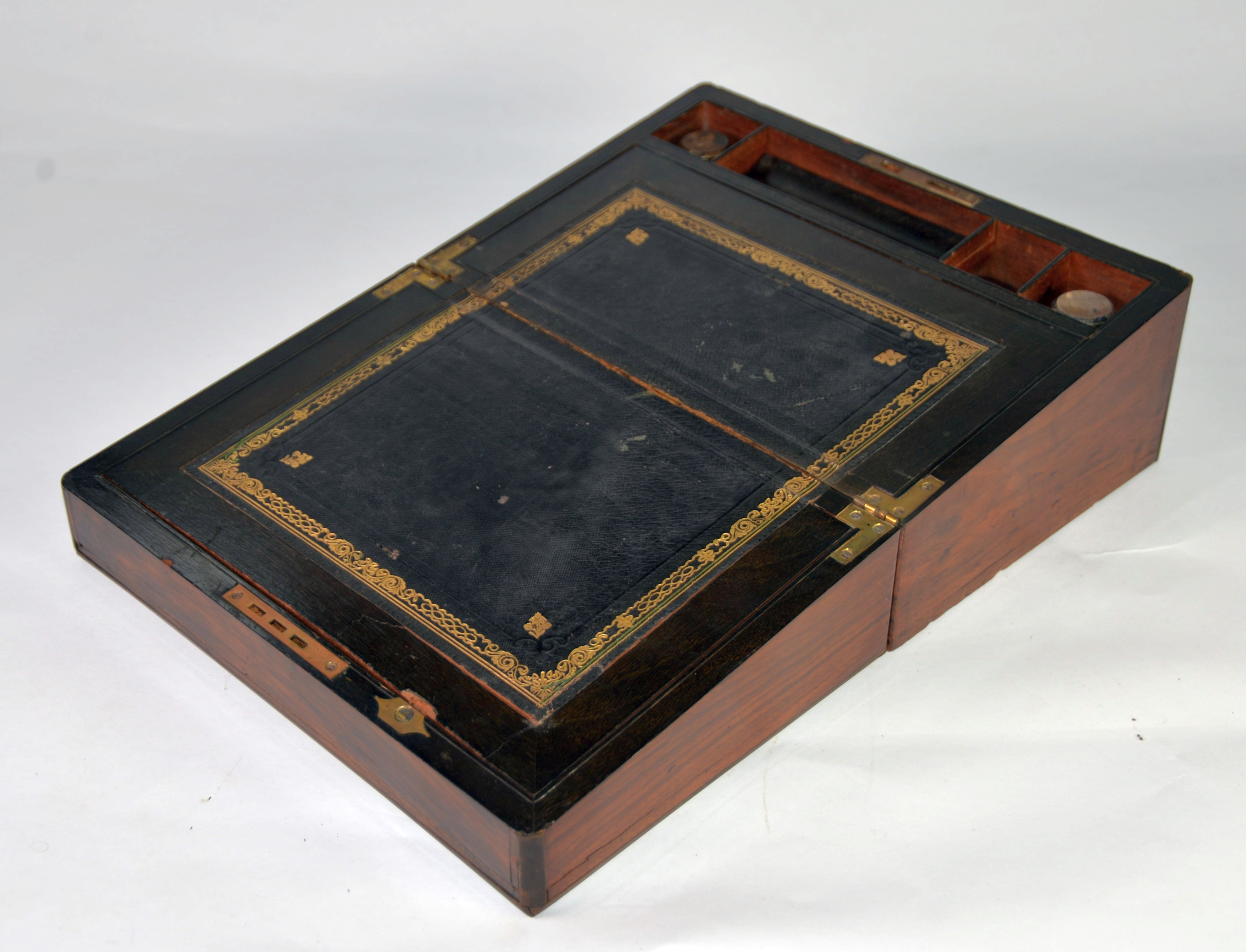 NINETEENTH CENTURY BRASS MOUNTED AND LINE INLAID WALNUT PORTABLE WRITING SLOPE, of typical form, the - Image 2 of 2