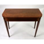 GEORGE III WALNUT FOLD-OVER CARD TABLE, with satinwood crossbanding, supported on square tapering