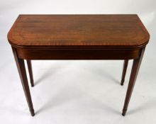 GEORGE III WALNUT FOLD-OVER CARD TABLE, with satinwood crossbanding, supported on square tapering