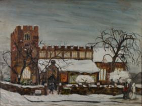 PHILIPPE AIRD (1961-2015) OIL ON BOARD St. Mary’s Parish Church, Cheadle, in the snow Signed verso