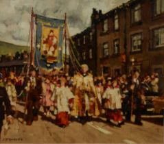 JOHN McCOMBS OIL PAINTING ON BOARD 'Whitsuntide Procession Saddleworth' Signed and dated (19)84