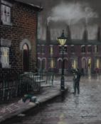 BERNARD McMULLEN (1952-2015) PASTEL DRAWING Northern street scene at dusk with a lamp-lighter Signed