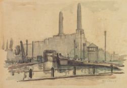 IAN GRANT (1904 - 1993) WATERCOLOUR DRAWING ON GREY PAPER Barton Power Station Signed lower right