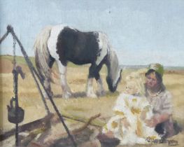 ROGER HAMPSON (1925 - 1996) OIL PAINTING ON BOARD Gipsy Camp Signed lower right and titled and