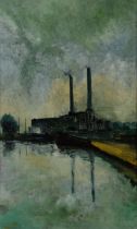 CHARLES M JONES (1923 - 2008) OIL PAINTING ON BOARD Canal scene with power station chimneys behind