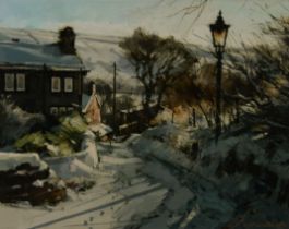 JOHN McCOMBS OIL PAINTING ON BOARD 'Dales Lane Delph Winter', snow scene Signed and dated 2011 13