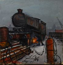 JAMES DOWNIE (1949) ACRYLIC ON CANVAS Steam locomotive having welding repair Signed 11 ¾” x