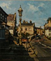 JOHN McCOMBE OIL PAINTING ON BOARD 'Village Lamp, Delph' Signed and dated (19)89 lower left and