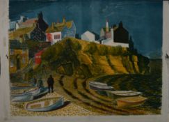 NORMAN C JAQUES (1922 - 2014) ORIGINAL COLOURED LITHOGRAPH Fisherman's Cove 21in x 28in (53.5 x
