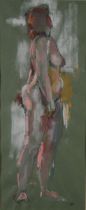 ALBERT OGDEN (1928 - 2022) PEN AND GOUACHE ON GREEN PAPER Standing female nude Initialled 16in x 6