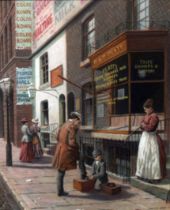 JOHN SEEREY LESTER (1945/46-2020) PASTEL Bygone street scene with shoe shine Signed and dated (19)77