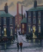 BERNARD McMULLEN (1952-2015) PASTEL DRAWING Northern street scene with numerous figures Signed lower