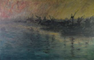 ANTON BEAVER ACRYLIC ON BOARD 'Sunrise over the Mersey' at Liverpool Signed, labelled and titled