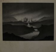 TREVOR GRIMSHAW (1947 - 2001) TWO UNSIGNED PRINTS OF PENCIL DRAWINGS Hilly landscape with winding