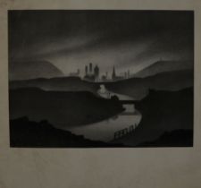 TREVOR GRIMSHAW (1947 - 2001) TWO UNSIGNED PRINTS OF PENCIL DRAWINGS Hilly landscape with winding