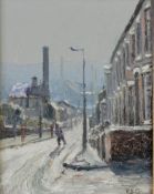REG GARDNER (1948) OIL PAINTING ON ARTISTS CANVAS BOARD Terraced Oldham street scene with man