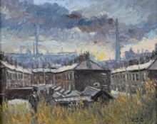 REG GARDNER (1948) OIL PAINTING ON ARTIST CANVAS BOARD Extensive view of Oldham with mill chimneys