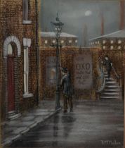 BERNARD McMULLEN (1952-2015) PASTEL Street scene with lamplighter Signed 9 ½” x 7 ¾” (24.1cm x 19.